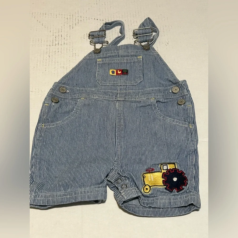 Vintage Striped Blue Kids Overalls with Tractor Patch